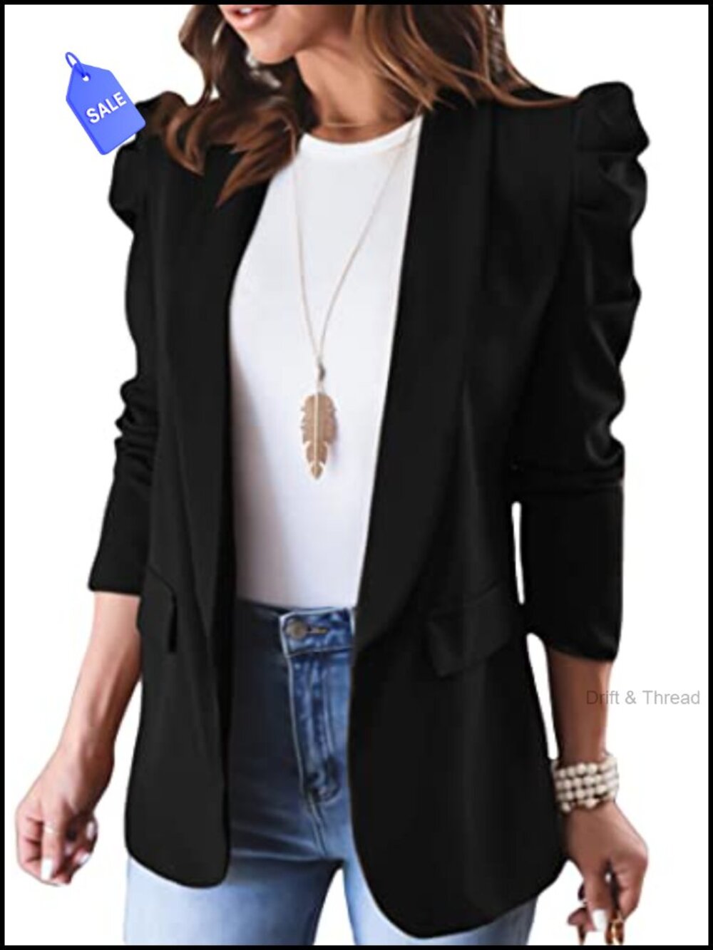KIRUNDO Women's Puff Sleeve Open Front Casual Blazer Jacket Office Work